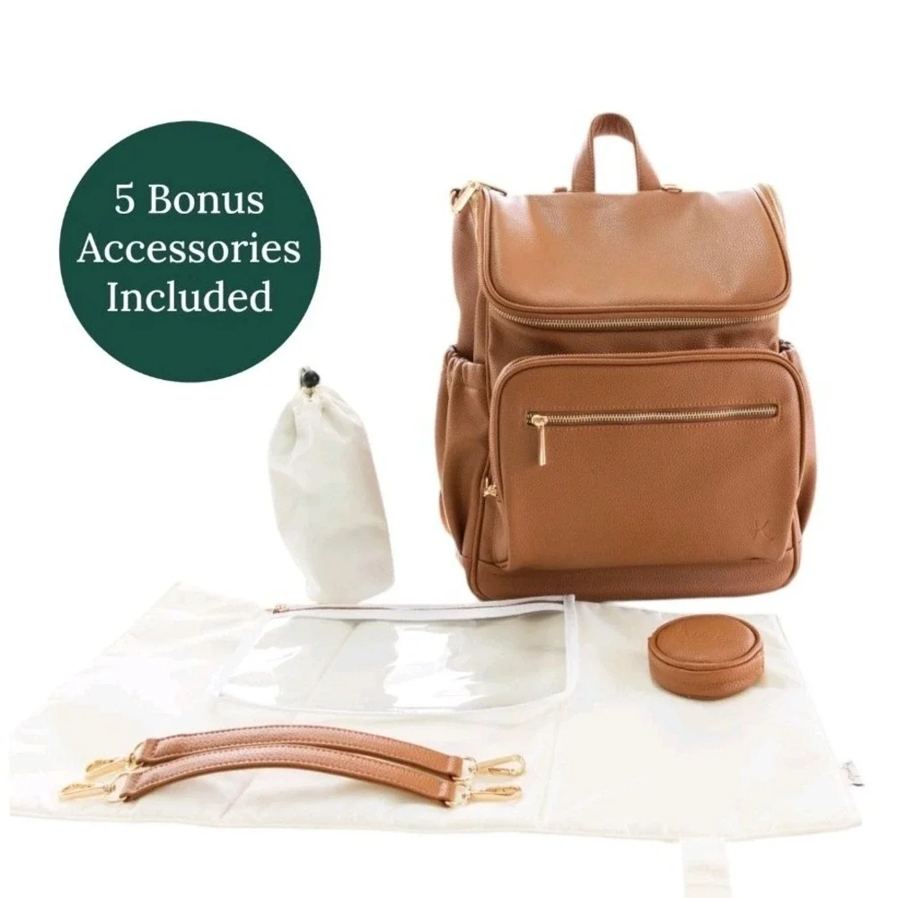 Kovale Collective Tan Vegan Leather Diaper Bag Backpack with 5 Accessories New